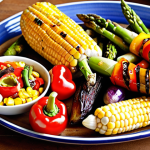 ** Colorful assortment of grilled vegetables (eggplant, bell peppers, corn, asparagus, mushrooms) attractively arranged on a plate, showcasing vibrant colors and textures, with a Thai-inspired dipping sauce nearby. Focus on fresh, appealing presentation.

**