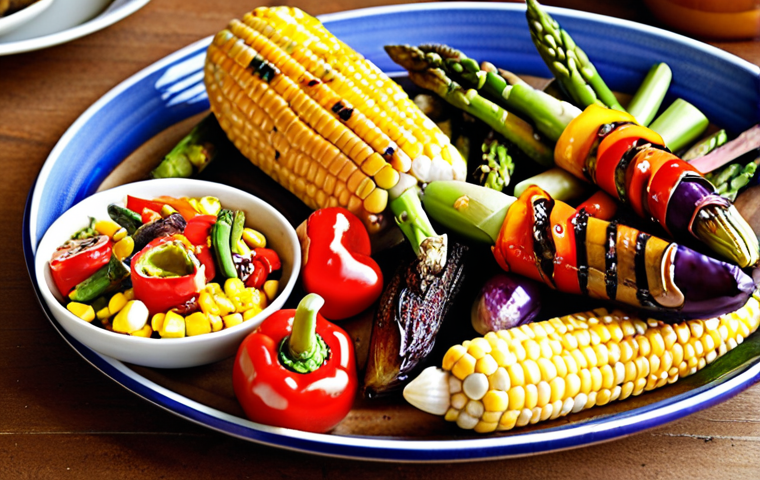 ** Colorful assortment of grilled vegetables (eggplant, bell peppers, corn, asparagus, mushrooms) attractively arranged on a plate, showcasing vibrant colors and textures, with a Thai-inspired dipping sauce nearby. Focus on fresh, appealing presentation.

**