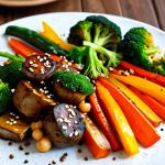 A beautifully arranged platter of Asian-style roasted vegetables, including golden-brown roasted pumpkin, vibrant green broccoli florets, tender carrots, colorful bell peppers, and savory shiitake mushrooms, all glistening with a perfectly balanced Asian sauce. The vegetables show slight caramelization and a soft, tender texture. Presented on a rustic wooden board with a sprinkle of toasted sesame seeds and fresh chopped coriander. The background is a subtly blurred modern, clean kitchen setting. Professional food photography, high resolution, appetizing, vibrant colors, soft studio lighting. safe for work, appropriate content, family-friendly, professional.