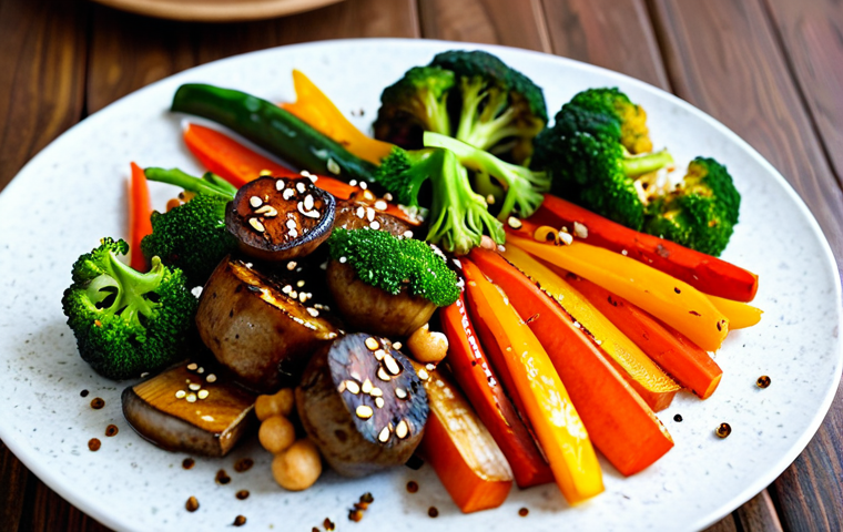 A beautifully arranged platter of Asian-style roasted vegetables, including golden-brown roasted pumpkin, vibrant green broccoli florets, tender carrots, colorful bell peppers, and savory shiitake mushrooms, all glistening with a perfectly balanced Asian sauce. The vegetables show slight caramelization and a soft, tender texture. Presented on a rustic wooden board with a sprinkle of toasted sesame seeds and fresh chopped coriander. The background is a subtly blurred modern, clean kitchen setting. Professional food photography, high resolution, appetizing, vibrant colors, soft studio lighting. safe for work, appropriate content, family-friendly, professional.